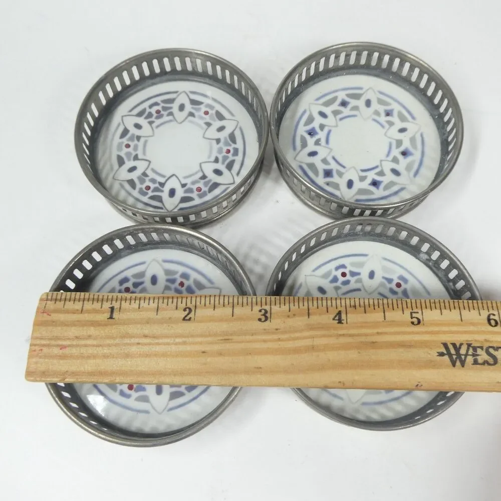 4 Coasters Set Vintage Ceramic Geometric With Pierced Metal Rim